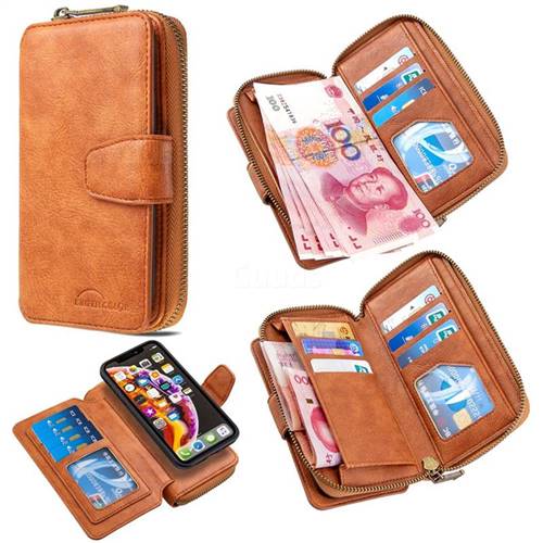 Binfen Color Retro Buckle Zipper Multifunction Leather Phone Wallet for iPhone Xr (6.1 inch) - Brown