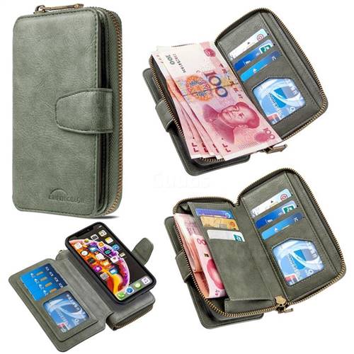 Binfen Color Retro Buckle Zipper Multifunction Leather Phone Wallet for iPhone Xr (6.1 inch) - Celadon