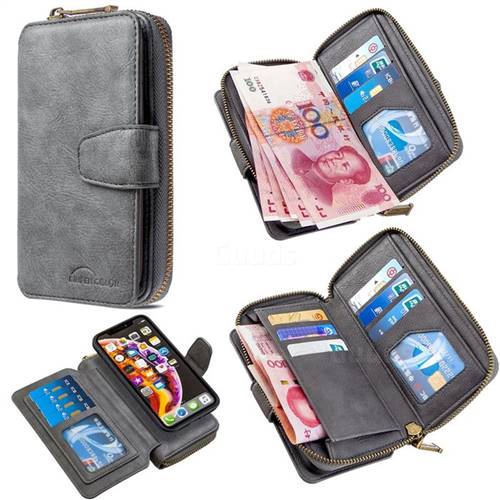Binfen Color Retro Buckle Zipper Multifunction Leather Phone Wallet for iPhone Xr (6.1 inch) - Gray
