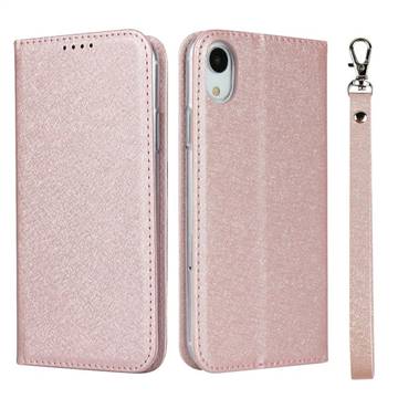Ultra Slim Magnetic Automatic Suction Silk Lanyard Leather Flip Cover for iPhone Xr (6.1 inch) - Rose Gold