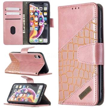 BinfenColor BF04 Color Block Stitching Crocodile Leather Case Cover for iPhone Xr (6.1 inch) - Rose Gold