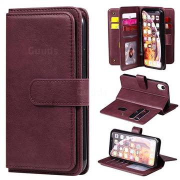 Multi-function Ten Card Slots and Photo Frame PU Leather Wallet Phone Case Cover for iPhone Xr (6.1 inch) - Claret