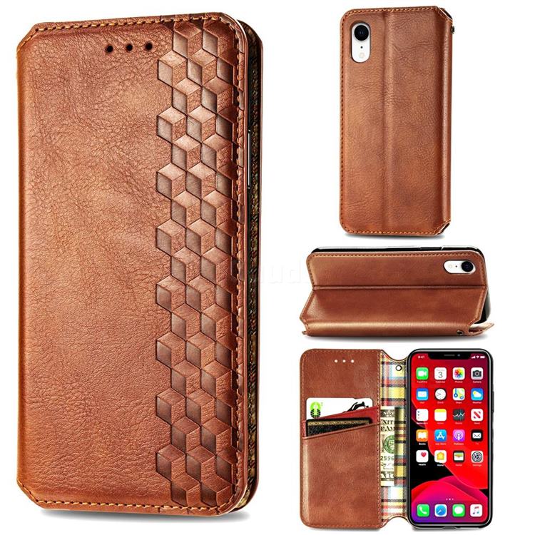 Ultra Slim Fashion Business Card Magnetic Automatic Suction Leather Flip Cover for iPhone Xr (6.1 inch) - Brown