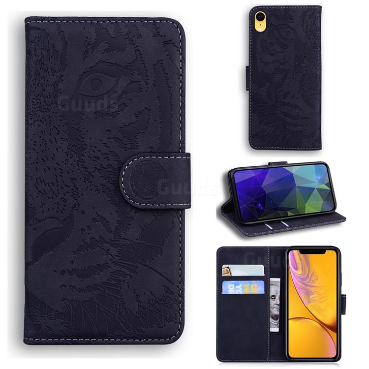 Intricate Embossing Tiger Face Leather Wallet Case for iPhone Xr (6.1 inch) - Black