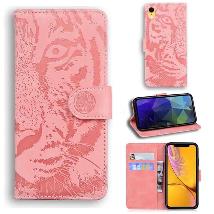 Intricate Embossing Tiger Face Leather Wallet Case for iPhone Xr (6.1 inch) - Pink