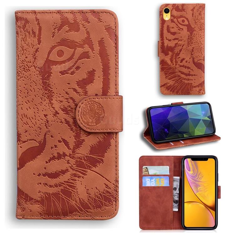 Intricate Embossing Tiger Face Leather Wallet Case for iPhone Xr (6.1 inch) - Brown