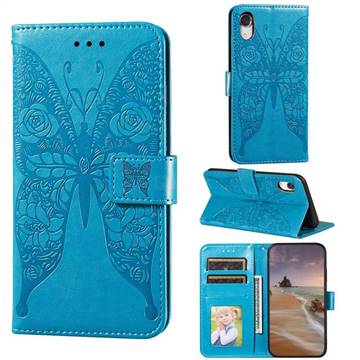 Intricate Embossing Rose Flower Butterfly Leather Wallet Case for iPhone Xr (6.1 inch) - Blue