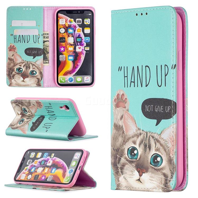 Hand Up Cat Slim Magnetic Attraction Wallet Flip Cover for iPhone Xr (6.1 inch)