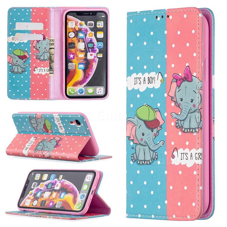 Elephant Boy and Girl Slim Magnetic Attraction Wallet Flip Cover for iPhone Xr (6.1 inch)
