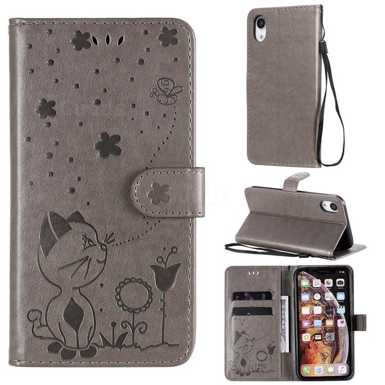 Embossing Bee and Cat Leather Wallet Case for iPhone Xr (6.1 inch) - Gray
