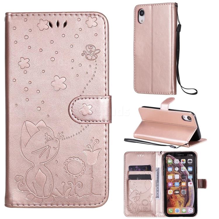 Embossing Bee and Cat Leather Wallet Case for iPhone Xr (6.1 inch) - Rose Gold