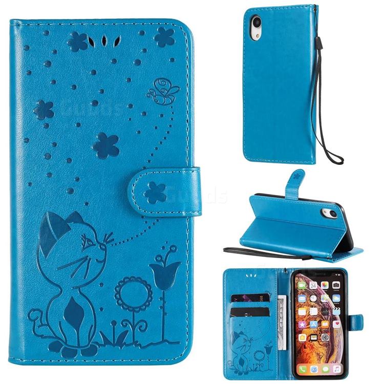 Embossing Bee and Cat Leather Wallet Case for iPhone Xr (6.1 inch) - Blue