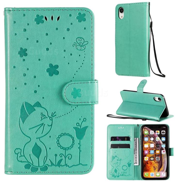 Embossing Bee and Cat Leather Wallet Case for iPhone Xr (6.1 inch) - Green