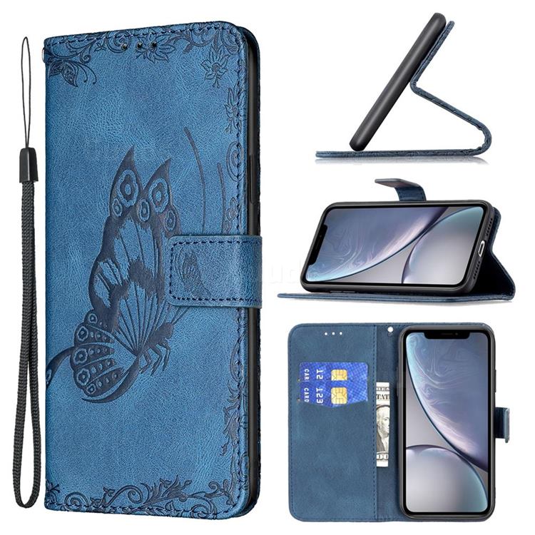 Binfen Color Imprint Vivid Butterfly Leather Wallet Case for iPhone Xr (6.1 inch) - Blue