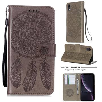 Embossing Dream Catcher Mandala Flower Leather Wallet Case for iPhone Xr (6.1 inch) - Gray