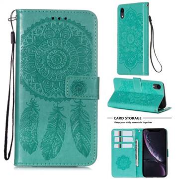 Embossing Dream Catcher Mandala Flower Leather Wallet Case for iPhone Xr (6.1 inch) - Green
