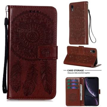 Embossing Dream Catcher Mandala Flower Leather Wallet Case for iPhone Xr (6.1 inch) - Brown