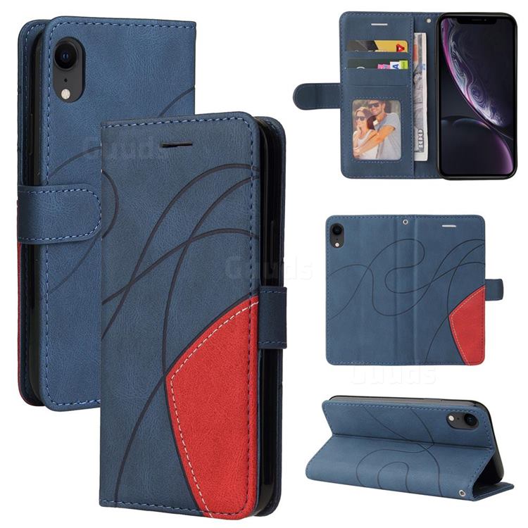 Luxury Two-color Stitching Leather Wallet Case Cover for iPhone Xr (6.1 inch) - Blue