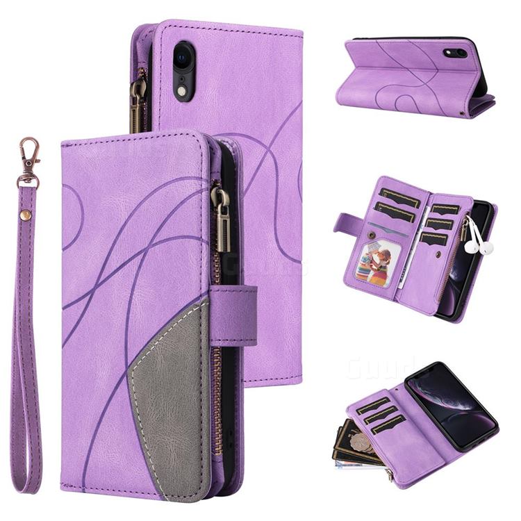 Luxury Two-color Stitching Multi-function Zipper Leather Wallet Case Cover for iPhone Xr (6.1 inch) - Purple