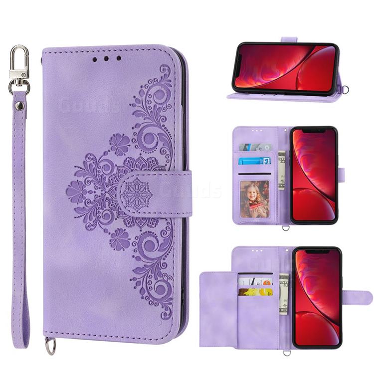 Skin Feel Embossed Lace Flower Multiple Card Slots Leather Wallet Phone Case for iPhone Xr (6.1 inch) - Purple