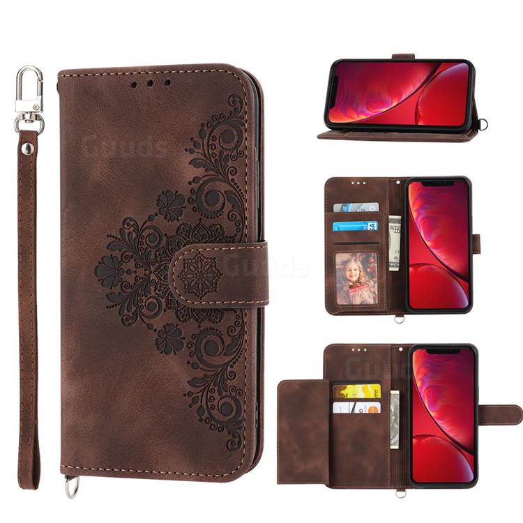 Skin Feel Embossed Lace Flower Multiple Card Slots Leather Wallet Phone Case for iPhone Xr (6.1 inch) - Brown