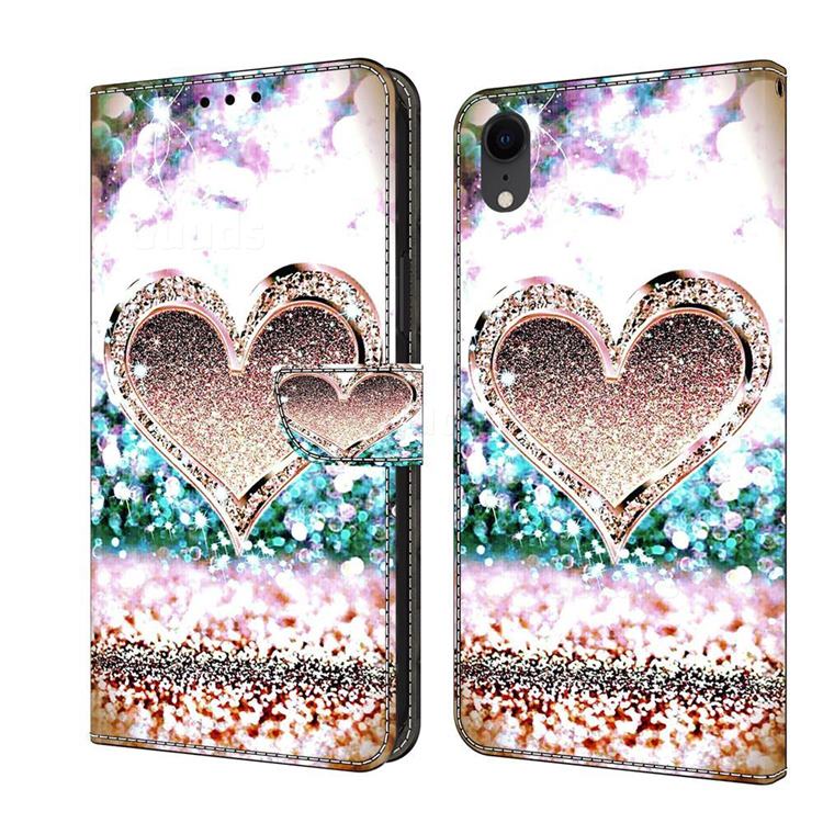 Pink Diamond Heart Crystal PU Leather Protective Wallet Case Cover for iPhone Xr (6.1 inch)