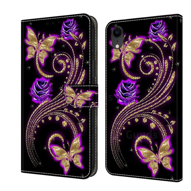 Purple Flower Butterfly Crystal PU Leather Protective Wallet Case Cover for iPhone Xr (6.1 inch)