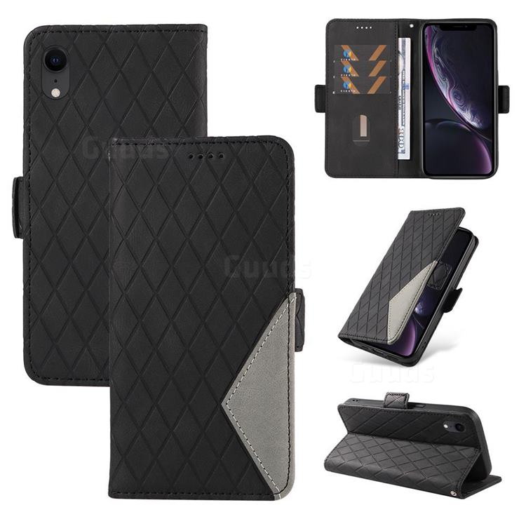 Grid Pattern Splicing Protective Wallet Case Cover for iPhone Xr (6.1 inch) - Black