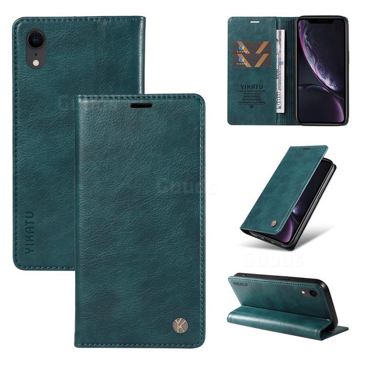 YIKATU Litchi Card Magnetic Automatic Suction Leather Flip Cover for iPhone Xr (6.1 inch) - Dark Blue