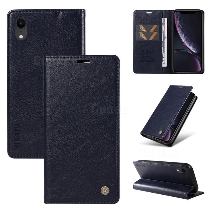 YIKATU Litchi Card Magnetic Automatic Suction Leather Flip Cover for iPhone Xr (6.1 inch) - Navy Blue