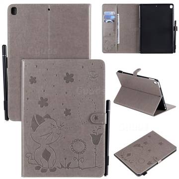 Embossing Bee and Cat Leather Flip Cover for Apple iPad 10.2 (2019) - Gray