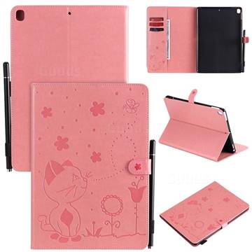 Embossing Bee and Cat Leather Flip Cover for Apple iPad 10.2 (2019) - Pink