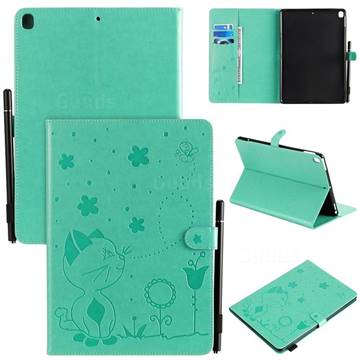 Embossing Bee and Cat Leather Flip Cover for Apple iPad 10.2 (2019) - Green