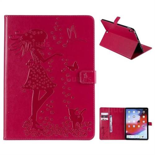 Embossing Flower Girl Cat Leather Flip Cover for Apple iPad Pro 11 2018 - Red