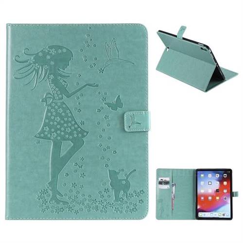 Embossing Flower Girl Cat Leather Flip Cover for Apple iPad Pro 11 2018 - Green
