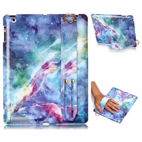 Blue Starry Sky Marble Clear Bumper Glossy Rubber Silicone Wrist Band Tablet Stand Holder Cover for iPad 4 the New iPad iPad2 iPad3