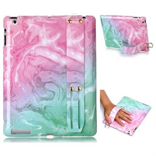 Pink Green Marble Clear Bumper Glossy Rubber Silicone Wrist Band Tablet Stand Holder Cover for iPad 4 the New iPad iPad2 iPad3