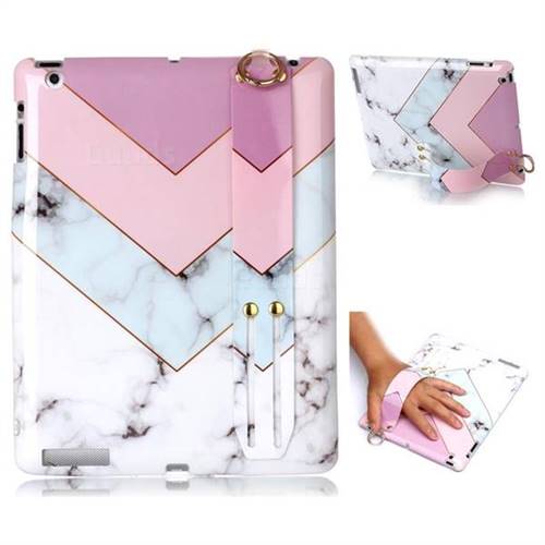 Stitching Pink Marble Clear Bumper Glossy Rubber Silicone Wrist Band Tablet Stand Holder Cover for iPad 4 the New iPad iPad2 iPad3