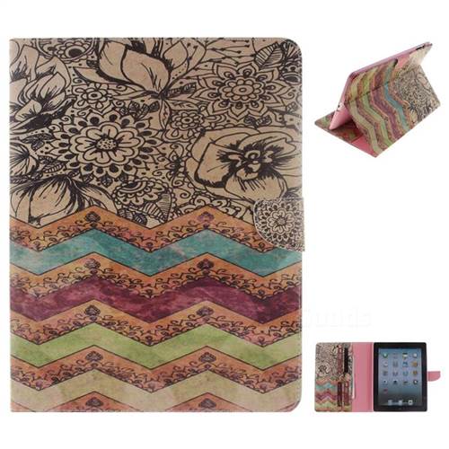 Wave Flower Painting Tablet Leather Wallet Flip Cover for iPad 4 the New iPad iPad2 iPad3