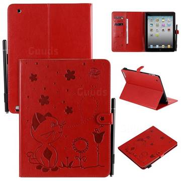 Embossing Bee and Cat Leather Flip Cover for iPad 4 the New iPad iPad2 iPad3 - Red