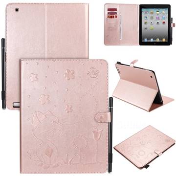 Embossing Bee and Cat Leather Flip Cover for iPad 4 the New iPad iPad2 iPad3 - Rose Gold