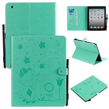 Embossing Bee and Cat Leather Flip Cover for iPad 4 the New iPad iPad2 iPad3 - Green