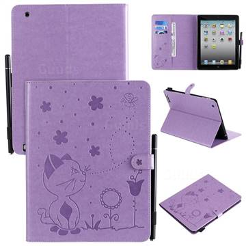 Embossing Bee and Cat Leather Flip Cover for iPad 4 the New iPad iPad2 iPad3 - Purple