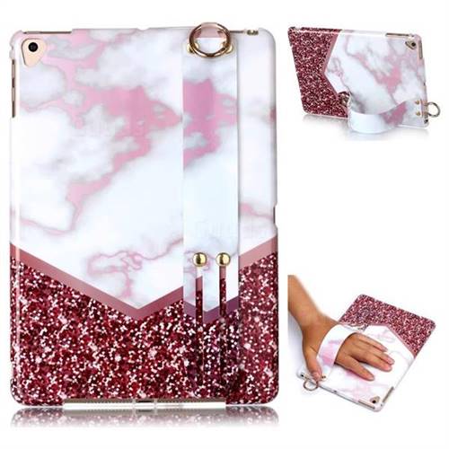 Stitching Rose Marble Clear Bumper Glossy Rubber Silicone Wrist Band Tablet Stand Holder Cover for iPad Air iPad5