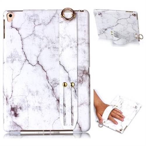 White Smooth Marble Clear Bumper Glossy Rubber Silicone Wrist Band Tablet Stand Holder Cover for iPad Air iPad5