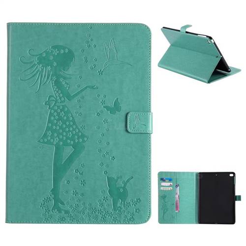 Embossing Flower Girl Cat Leather Flip Cover for iPad Air iPad5 - Green