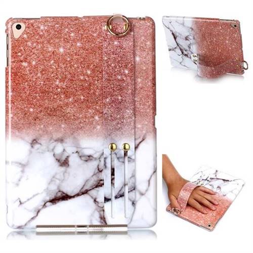 Glittering Rose Gold Marble Clear Bumper Glossy Rubber Silicone Wrist Band Tablet Stand Holder Cover for iPad Air 2 iPad6
