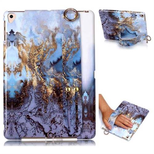 Sea Blue Marble Clear Bumper Glossy Rubber Silicone Wrist Band Tablet Stand Holder Cover for iPad Air 2 iPad6