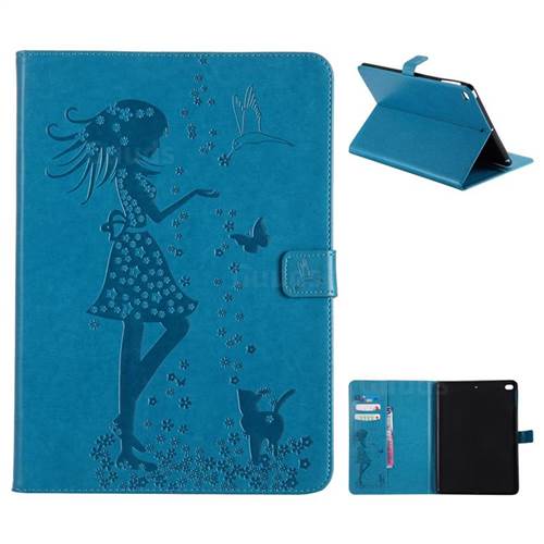 Embossing Flower Girl Cat Leather Flip Cover for iPad Air 2 iPad6 - Blue