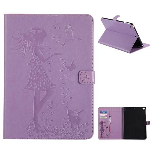 Embossing Flower Girl Cat Leather Flip Cover for iPad Air 2 iPad6 - Purple